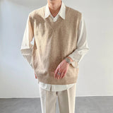 Riolio Spring Men's Clothing Luxury Knit Vest Sweater Retro V Neck Sleeveless Loose Stylish Vintage Solid Color Leisure Knitwear