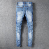 Riolio Men's rhinestone crystal patchwork light blue ripped jeans Slim fit skinny stretch denim pants