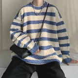Riolio  Round neck casual and fashionable knit sweater trendy and popular winter pullover for men loose fit long sleeves striped
