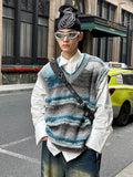 Riolio Vintage Sweater Vest Men's Knitted Sleeveless Men Sweaters Retro V-neck Pullover Blue Japanese Streetwear Harajuku