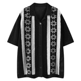 Riolio  Daily Leisure Mens Hollow Out Shirt Knitting Turn-down Collar Button-up Casual Shirts Spring Summer Vintage Men Embroidery Shirt