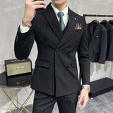 Riolio  ( Blazer+Vest+Pants ) Groom Wedding Male Suit Luxury Brand Fashion Striped Men's Casual Business Office Double Breasted Suit