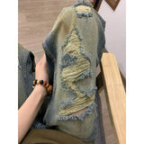 Riolio  Summer hip-hop trend personality destruction straight leg men and women washed jeans American couple loose retro casual pants