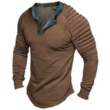 Riolio  Spring Autumn Vintage Henry Collar Mens T-shirts Casual Button Pleated Long Sleeve Tee Men Leisure Solid Loose Pullover Tops