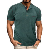Riolio  Men's Grey Henley Neck Short Sleeve T-Shirt with Contrast Stitching Chest Pocket Casual Muscle Fit Top