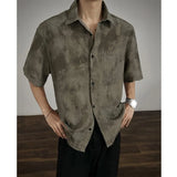 Riolio  Men Solid Color Turn Down Collar Short Sleeve Shirt Chest Pocket Loose Fit Textured Casual Button Up Top