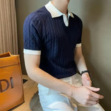 Riolio Men's Knit Short Sleeve Polo Shirt Casual Soft Supple High-end Feel Round Neck Loose-fit Top Japanese Style Solid Color