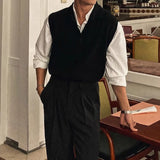 Riolio  Fashionable Solid Color Sweater Vest For Mens Autumn Vintage Lapel Buttoned Knit Jumper Tops Men New Casual Sleeveless Tank Tops