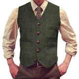 Riolio  Men Vest Dark Green Tweed Slim Casual Business Waistcoat For Wedding Party Banquet Work Prom Set Men Suit