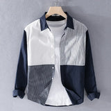 Men Clothing Men's Long-sleeved Shirt New Trendy Color Matching Cotton Shirt Casual Fashion Youth Striped Lapel Top