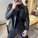 Riolio Windproof Stand Collar Zipper Cardigan Leather Jacket Motorcycle Leather Coat PU Leather Business Leather Jackets Men's Fashion