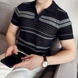 Riolio  New Fashion Hollow Out Polo Shirt Luxury Men's Clothing Korean Style Leisure V Neck Short Sleeve Patchwork Breathable Knitwear