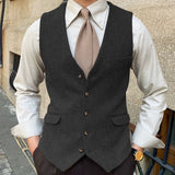 Riolio  Men Vest Blue Herringbone Solid Color Single Button Waistcoat For Wedding Business Banquet Work Formal Men Suit Vest