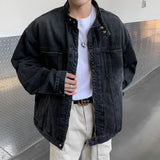 Riolio New High Street Men's Zip-up Denim Jackets Casual Washed Streetwear Stand Collar Texture Korean Harajuku Retro Long Sleeve Coats