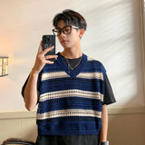 Riolio Striped Sweater Vest Men Summer Vintage Harajuku Hollow Out Design Fashion Korean Style All-match Cropped Knitwear Clothing New