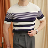 Riolio  Stylish Striped Knitting T Shirts Mens Summer Casual Breathable Slim Fit Tees Men Fashion Short Sleeve O Neck Knitted Pullovers