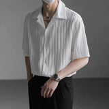 Riolio  Men Casual Cuban Collar Short Sleeve Shirt Vertical Striped Textured Loose Fit Button Down Shirt For Daily Streetwear