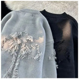 Riolio Y2k Streetwear Sweater Men New Retro Hole Fringed Sweater Loose Versatile Knitwear Pullovers Long Sleeve Jumpers Clothing