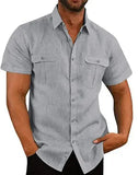 Riolio Cotton Linen Hot Sale Men Short-Sleeved Shirts Summer Solid Color Comfort Collar Casual Beach Style Plus SizeMale Shirts M-5XL
