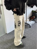 Riolio  American high street men and women trendy personalized graffiti straight leg jeans couple spring and autumn loose casual pants