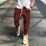 Riolio  Men's Striped Linen Blend Harem Pants Elastic Waist Drawstring Casual Trousers