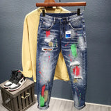 Riolio Men's Graffiti Jeans Fashion Spray Paint Ripped Hole Personality Hip-hop Streetwear Male Clothing Slim Youth Denim Trousers