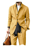 Riolio  Men's Linen Blend 2 Piece Suit Set Stand Collar Three Button Breathable Casual Blazer Pants For Business Daily Wear Summer