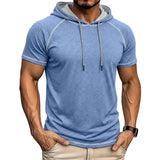 Riolio  Men's Short Sleeve Hoodie Contrast Stitch Raglan Sleeve Drawstring Casual Summer Pullover