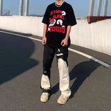 Riolio  Mens Jeans Y2k Black White Irregular Stitching Ripped Jeans Streetwear Hip-Hop Casual Slim Straight Pants Men'S Clothing