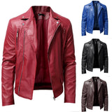 Riolio WELL DRESSED Men PU Leather Jacket Solid Color Casual Slim-Fit Zipper Long Sleeve Turn-Down Collar Motorcycle Leather JacketCoat Men Clothing