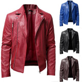 Riolio Men PU Leather Jacket Solid Color Casual Slim-Fit Zipper Long Sleeve Turn-Down Collar Motorcycle Leather JacketCoat Men Clothing