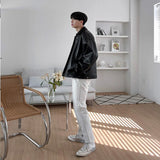 Riolio New Men's Casual Textured PU Leather Jacket Fashion Zipper Turn-down Collar Long Sleeve Coats High Quality  Korean Style Outfits