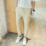 Riolio  Summer New Solid Color Elastic Waist Casual Ankle Length Pants Man Drawstring Pockets Fashion Casual Straight Trousers