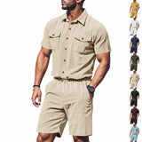 Riolio  Men's Summer Suit Amazon Corduroy Solid Pocket Shirt Short Sleeve Shorts Suit