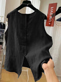 Riolio Cotton and Linen Round Neck Summer Thin Loose Literary Versatile Shirt Sleeveless Top Small Vest