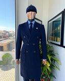 Riolio  Navy Blue Men's Suit One Piece Long Coat Double Breasted Peaked Lapel Business Overcoat SlimWedding Groom Tailored Costume Homme