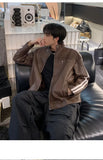 Riolio Retro Leather Jacket Men Women  American Patchwork Strip Racing Outerwear Loose Hip Hop Zippers Brown PU Coat Streetwear Spring