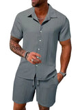 Riolio Spring And Summer New Sports Men's Polo Casual Solid Color Loose Short-sleeved Drawstring Shorts Cardigan Striped Sports Suit