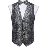 Riolio Luxury Black Paisley Silk Suit Vest for Men Bow Tie Handkerchief Cufflinks Wedding Party Formal Tuxedo Waistcoat