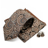 Riolio  New Men's Polyester Tie Pocket Square Cufflink Set Green Wine Red Brown Paisley Flower Necktie Business Party Accessories Gifts