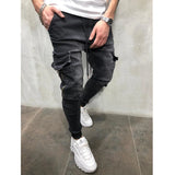 Riolio Jeans Men Pants Wash Solid Color Multi Pockets Denim Mid Waist Cargo Jeans Plus Size Fahsion Casual Trousers Male Daily Wear