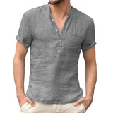 Riolio Summer Cotton Linen Casual T-Shirts Casual Male Short Sleeve V-Collar Breathable Men's Tee Button-up T S-5XL