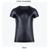 Riolio Men Faux Leather Tops Stretch Pu Leather Short Sleeve T-shirts Club Slim Bar Stage Performance Tee Shirt Elastic Tops Blouse