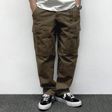 Riolio  Autumn Men's Pants Multi-Pocket Cargo Pants Retro Solid Color Simple Loose Button Elastic Strap Casual Pants