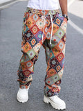 Riolio  Mens Wide Leg Straight Pants With Retro Jacquard Geometric Pattern Elastic Waist Casual Trousers
