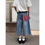 Riolio Y2k Baggy Vintage Blue Jorts Men's High Waist American Streetwear Wide Leg Knee Length Jeans Casual Loose Summer Denim Shorts