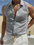 Riolio  Summer New Striped Sleeveless Shirt Men's Slim Breathable Collared Tank Top Lightweight Seersucker Textured Casual Open Vest