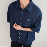 Riolio  Dark Blue Denim Shirt Men and Women Japanese Vintage City Boy Oversized Loose Casual Summer Lapel Buttons Shirt Top