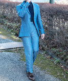 Riolio  Men's Suit 2 Pieces Blazer Pants One Button Peaked Lapel Business Formal Linen Denim Slim Wedding Groom Tailored