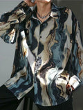 Riolio  Men Trendy Vintage Shirt Hong Kong Style Silk Satin Floral Loose Long Sleeve Rebellious Cool Smooth Drape Printed Oil Painting